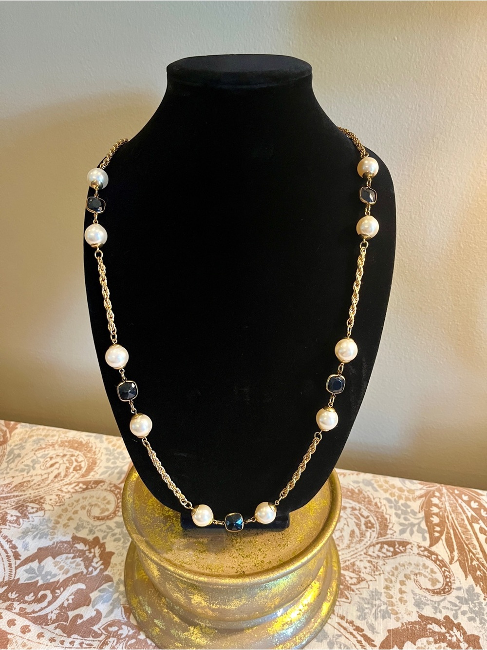 Vintage Gold Chain Necklace with White Pearls and Black Stones